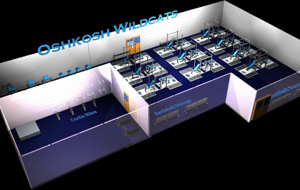 3D weight room design render for the Oshkosh Wildcats