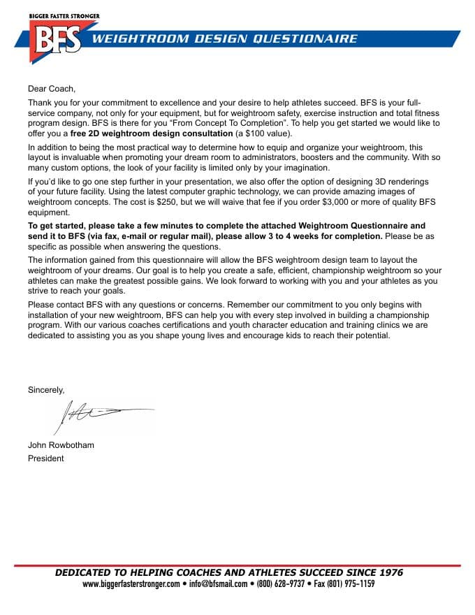 First page of Weight Room Design Questionnaire (PDF preview)